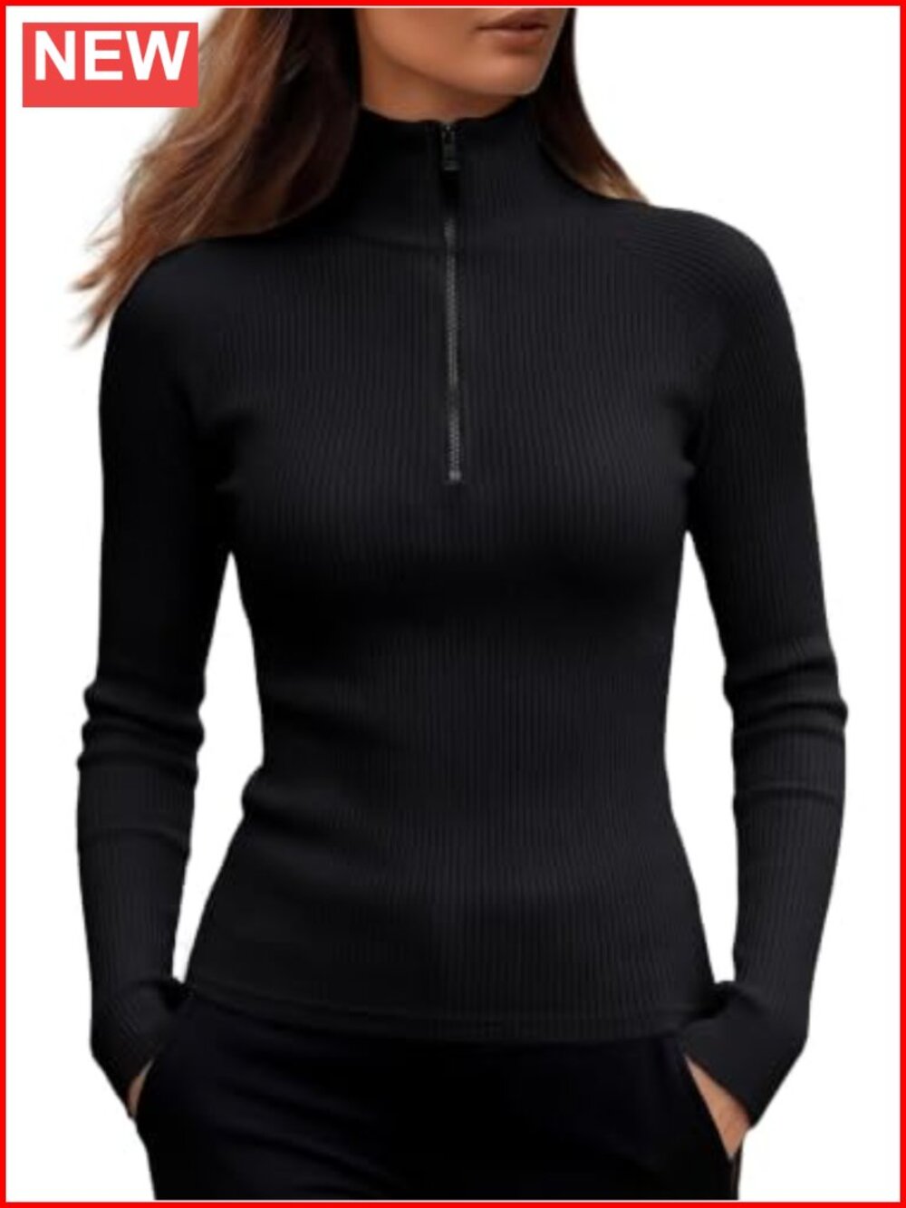 Long Sleeve Quarter Zip Ribbed Knit Top Slim Fit V-Neck